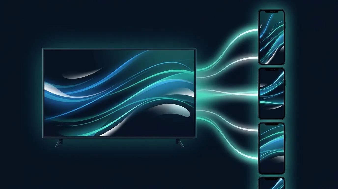 Illustration of a wide television screen with flowing teal and blue light streaming into a column of upright smartphone screens, each showing a portrait slice of the same image