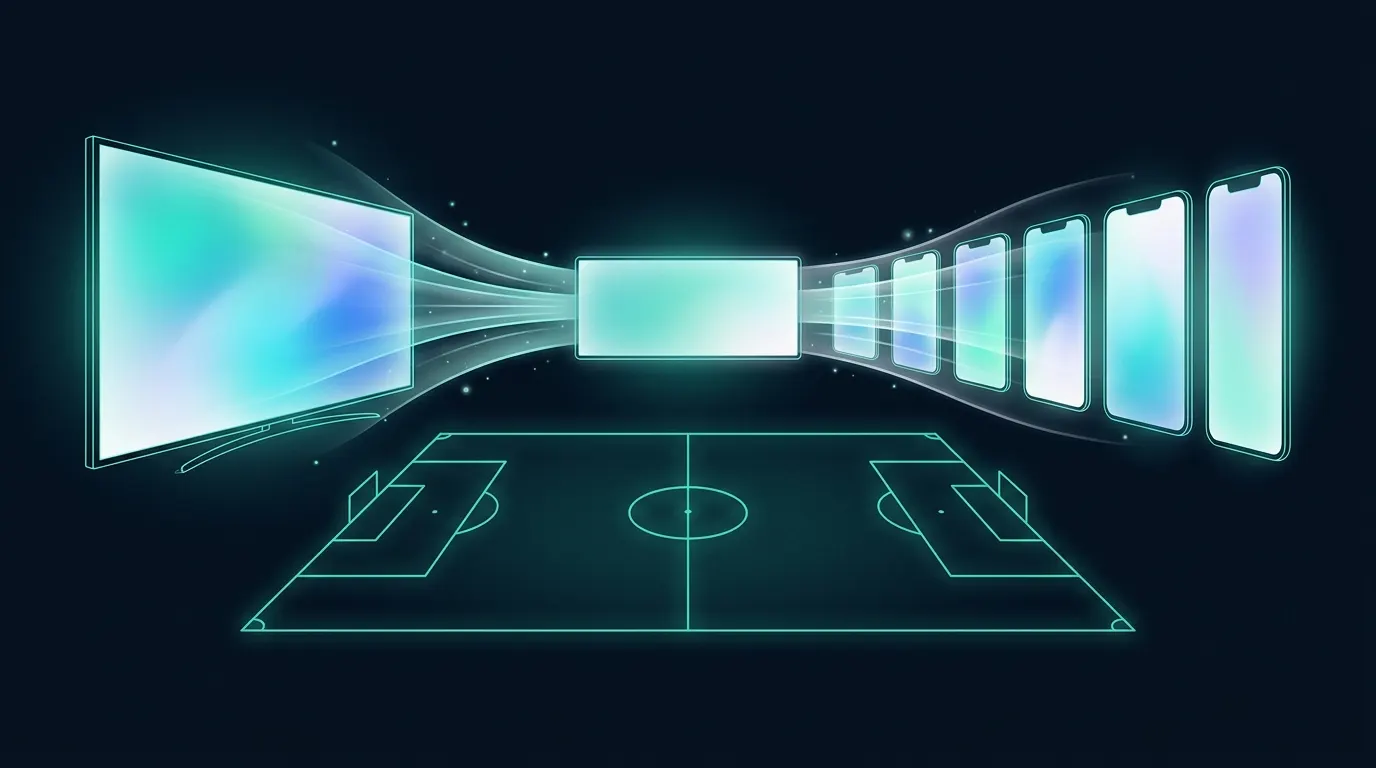 Illustration of a glowing football pitch outline with a wide screen of light above it, streaming into a large television screen on one side and a row of upright phone screens on the other