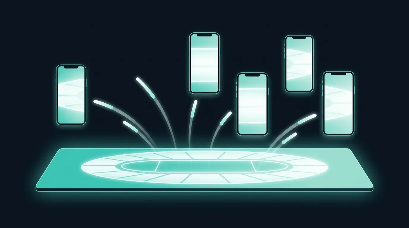 Illustration of a glowing horizontal panel with an abstract stadium outline, with arcs of light rising from it into several upright smartphone screens, each showing a vertical slice of the stadium light
