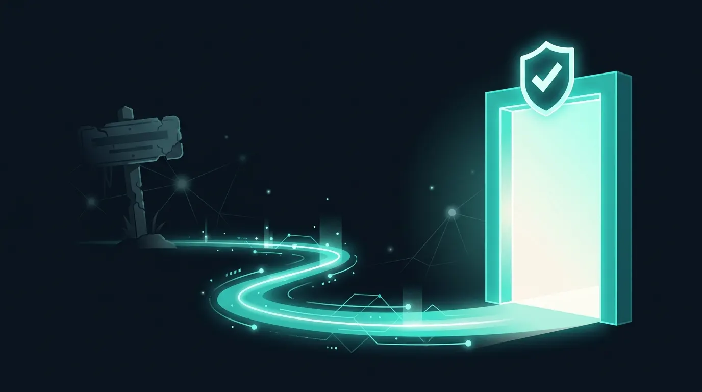 Illustration of a glowing teal path leading from a weathered, blank signpost to a bright doorway topped by a shield with a check mark