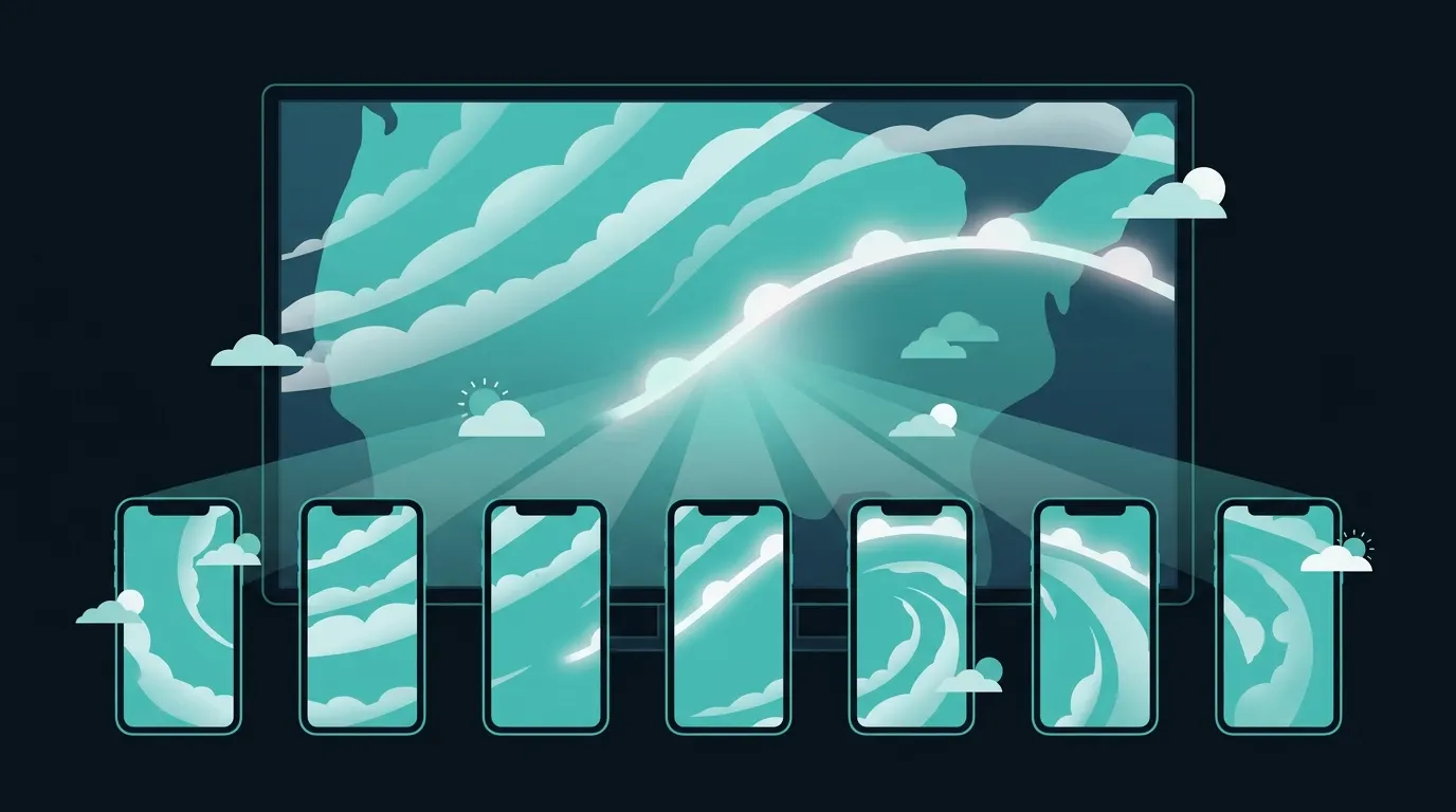 Illustration of a wide television screen showing a stylized weather map with cloud bands and a glowing storm front, with beams of light flowing into a row of seven upright phone screens that each show a portrait slice of the map