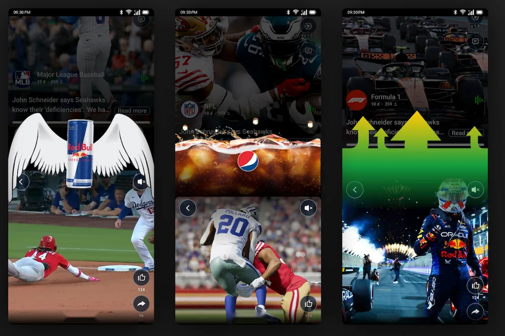 Branded vertical transition concepts featuring Red Bull, Pepsi and Formula 1 between video stories